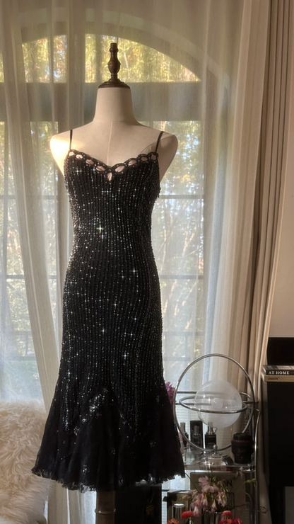 Black halter-neck fitted midi ball gown with rhinestone embellishments R7740