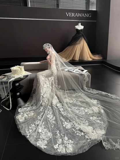 White sleeveless lace waist slim fishtail skirt floor-length wedding dress R6046