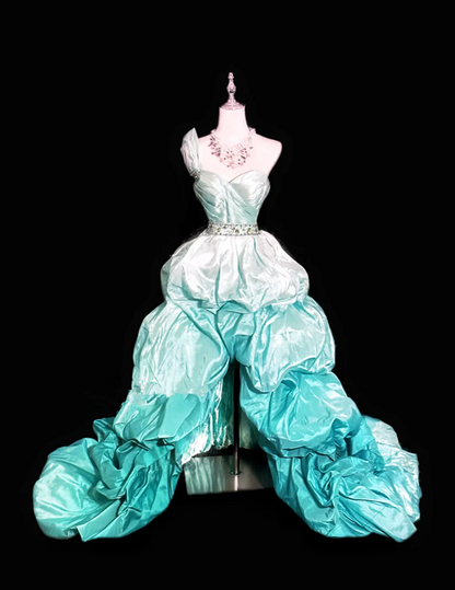 Gradient green strapless fitted waist ball gown R8688