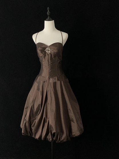 Gray-brown halter-neck fitted midi skirt ball gown R8692