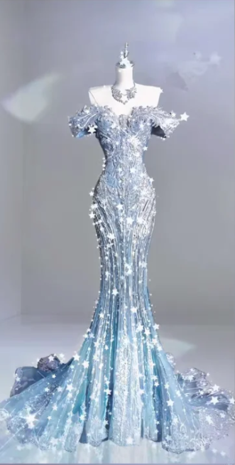 Silver Off-the-Shoulder Rhinestone-Embellished Fitted-Waist Slim-Fit Hip-Hugging Mermaid-Length Prom Dress R6505