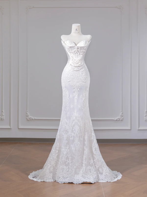 White strapless fishtail bodice, sexy bodycon skirt, long ball gown R8265