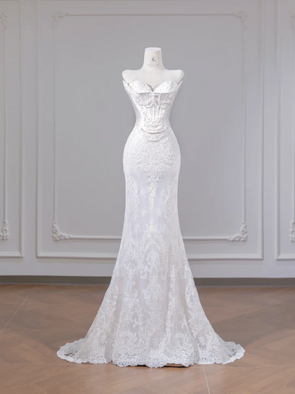 White strapless fishtail bodice, sexy bodycon skirt, long ball gown R8265