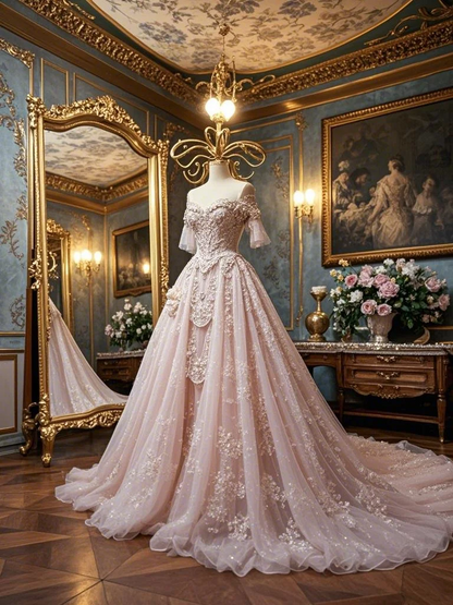 Pink off-the-shoulder waist-cinching slim-fit ballgown long prom dress R7931