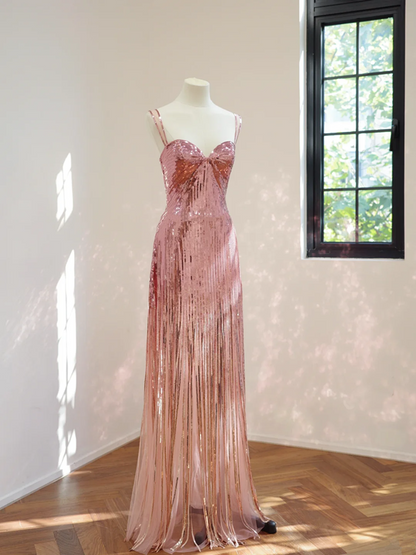 Light pink sequined halter-neck long ball gown R8440