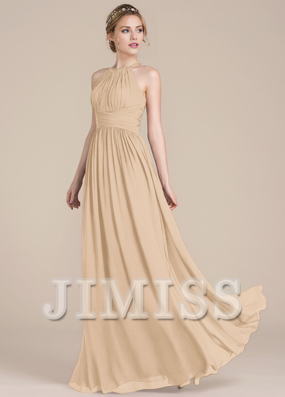 Lotus leaf A-line low round neck chiffon bridesmaid dress
