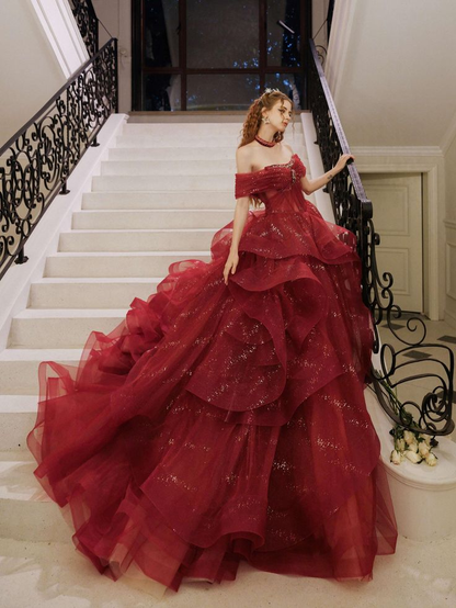 Glitter Off-Shoulder Evening Gown, Red Tulle Beaded Ball Gown Fairy Quinceanera Dress cc1702