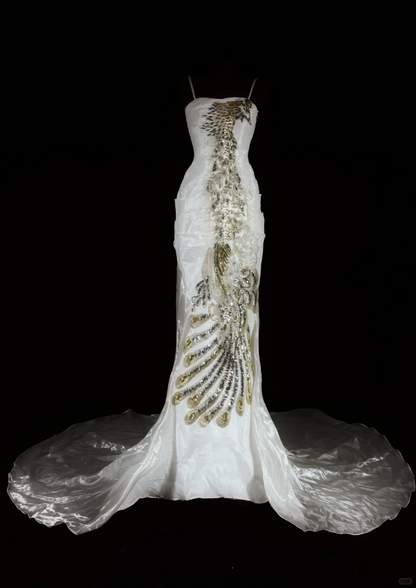 White Spaghetti Strap Waist-Cinching Fitted Sequin Elegant Long Train Party & Evening Gown gh7148