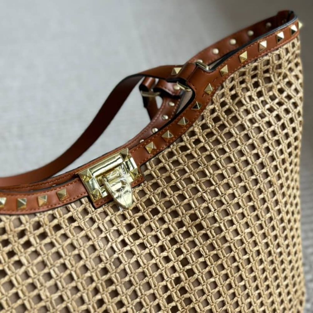 Valentino Garavani Rockstud Raffia Tote Bag Brown 31cm