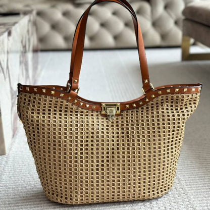 Valentino Garavani Rockstud Raffia Tote Bag Brown 31cm