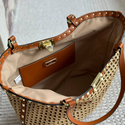 Valentino Garavani Rockstud Raffia Tote Bag Brown 31cm