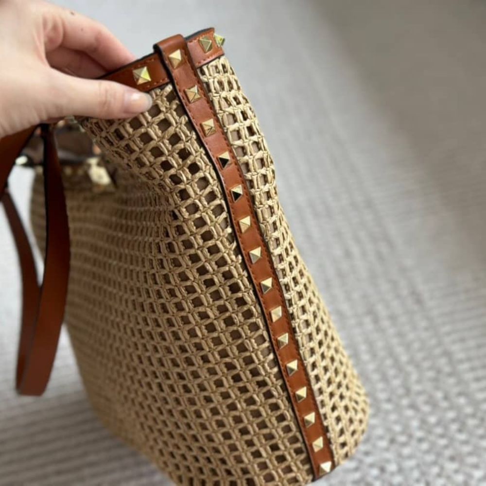 Valentino Garavani Rockstud Raffia Tote Bag Brown 31cm