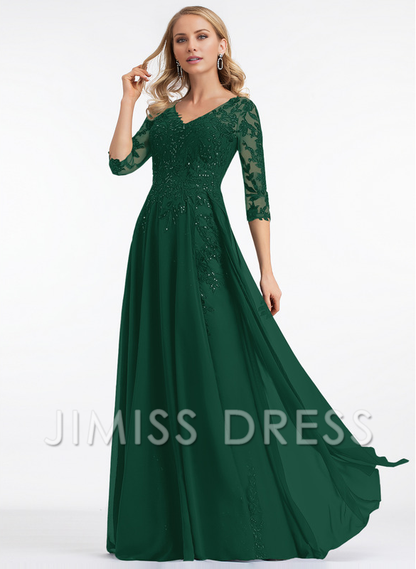 A-line V-neck floor mopping lace chiffon with sequins, mother of the bride dress