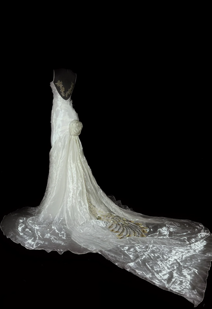 White Spaghetti Strap Waist-Cinching Fitted Sequin Elegant Long Train Party & Evening Gown gh7148