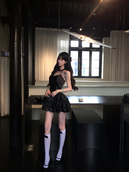 Black suspender satin waist slim cake skirt short skirt homecoming dress R5093