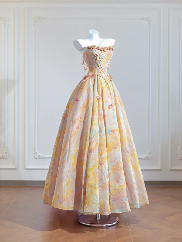 Warm yellow tie-dye strapless waist-cinching long ball gown with a full skirt R8266