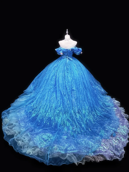 Blue off-the-shoulder fitted waist long ball gown with a full skirt R8689
