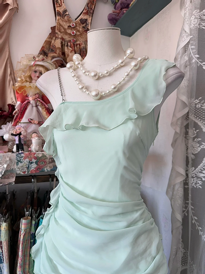 Light blue one-shoulder sexy ruffled maxi dress, ball gown R6345