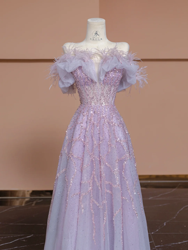 Light purple off-shoulder fitted A-line long ball gown/bridal dress R8296