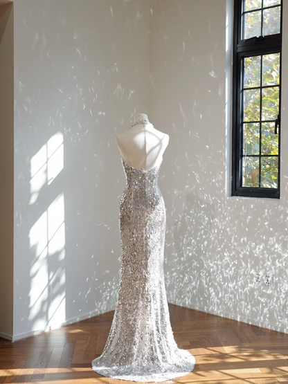 Silver sequined halter neck fitted waist long ball gown R8441