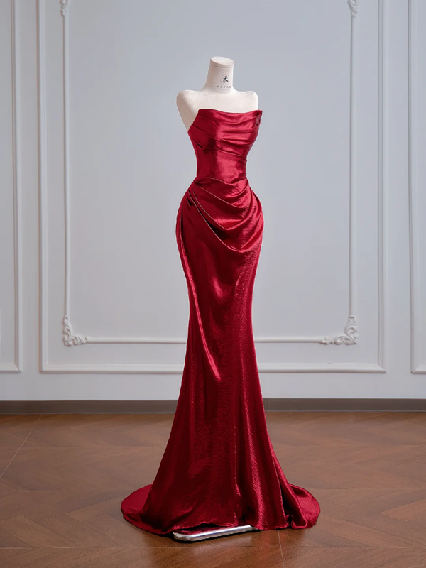 Deep red strapless, fitted waist, bodycon long sexy ball gown R8159