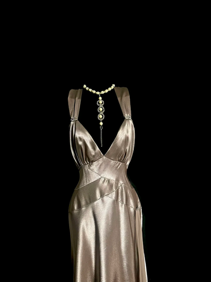 Champagne-colored halter-neck fitted sexy ball gown R6626