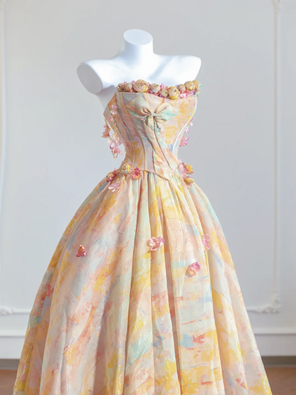 Warm yellow tie-dye strapless waist-cinching long ball gown with a full skirt R8266