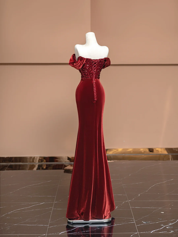 Red off-the-shoulder, fitted waist, bodycon, sexy long ball gown/bridal dress R8386