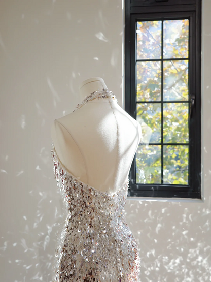 Silver sequined halter neck fitted waist long ball gown R8441