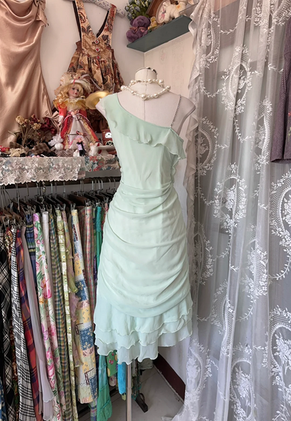 Light blue one-shoulder sexy ruffled maxi dress, ball gown R6345