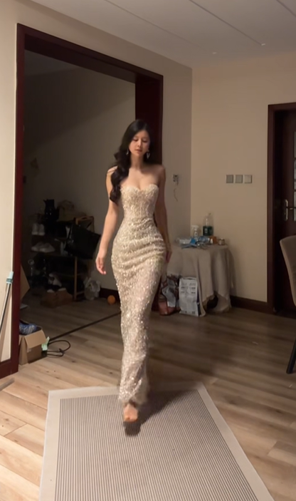 Light champagne gold strapless fitted long sexy ball gown R7545