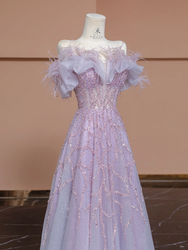 Light purple off-shoulder fitted A-line long ball gown/bridal dress R8296