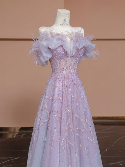 Light purple off-shoulder fitted A-line long ball gown/bridal dress R8296
