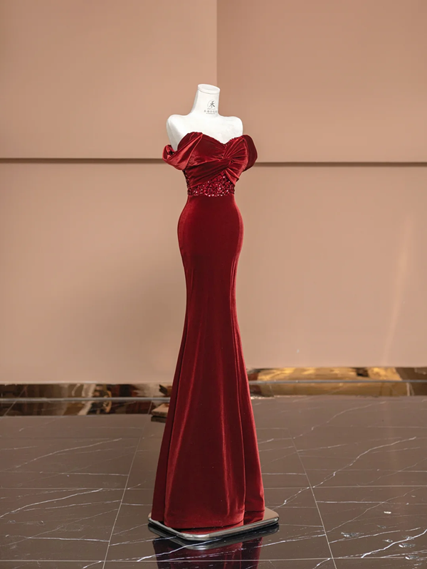 Red off-the-shoulder, fitted waist, bodycon, sexy long ball gown/bridal dress R8386