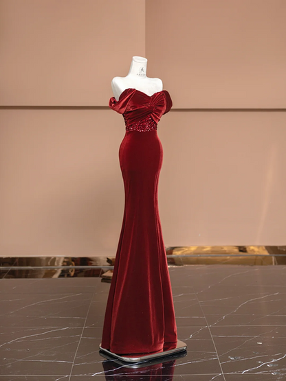 Red off-the-shoulder, fitted waist, bodycon, sexy long ball gown/bridal dress R8386