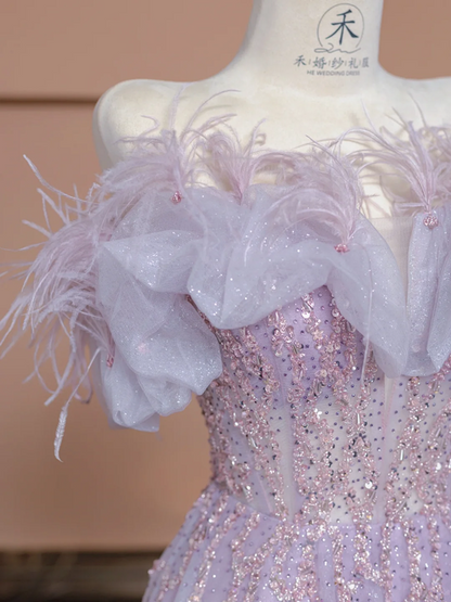 Light purple off-shoulder fitted A-line long ball gown/bridal dress R8296