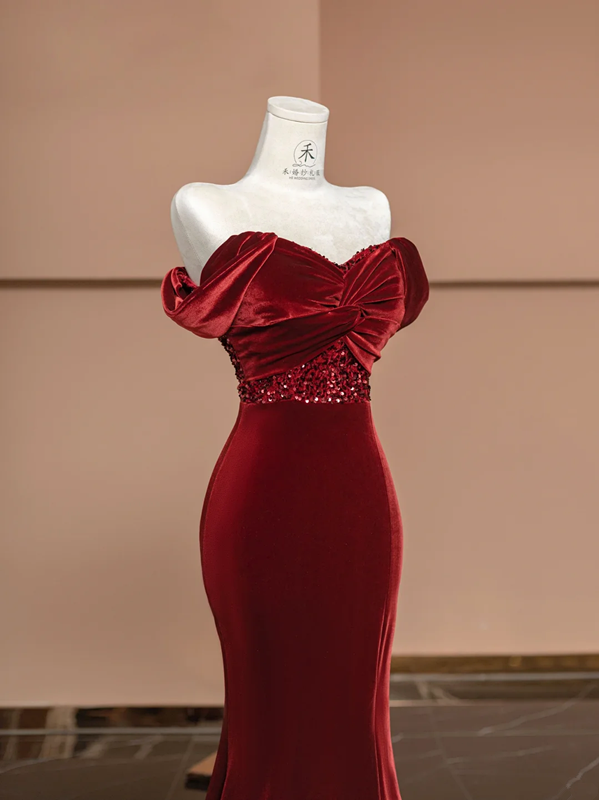 Red off-the-shoulder, fitted waist, bodycon, sexy long ball gown/bridal dress R8386