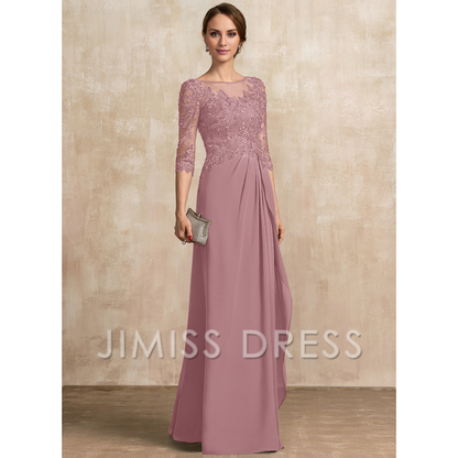 A-shaped Scoop Illusion floor mopping chiffon lace ribbon bead sequins layered ruffles mother of the bride dress