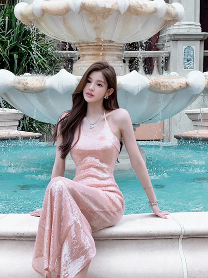 Pink Halter Neck Sequin-Embellished Waist-Cinched Fitted Bodycon Floor-Length Prom Dress R7105