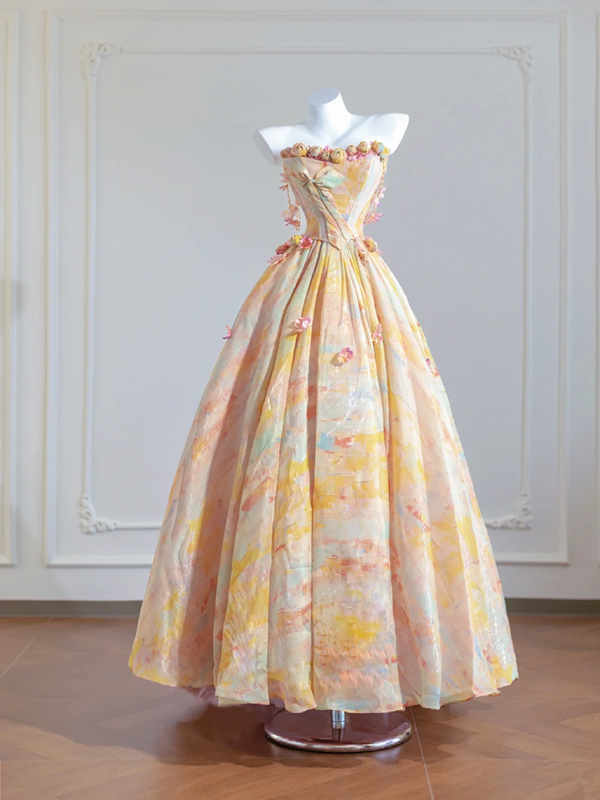 Warm yellow tie-dye strapless waist-cinching long ball gown with a full skirt R8266