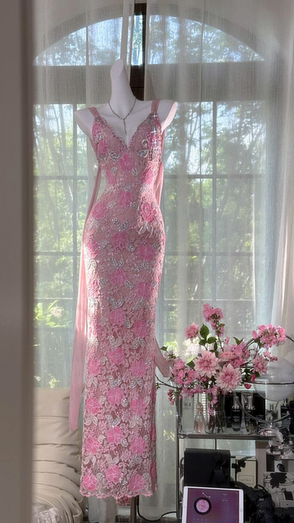 Pink lace halter-neck fitted bodycon long ball gown R6546