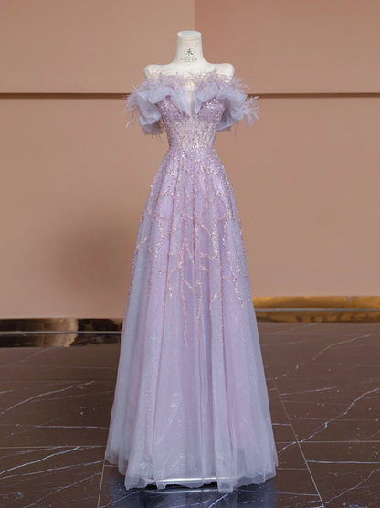 Light purple off-shoulder fitted A-line long ball gown/bridal dress R8296