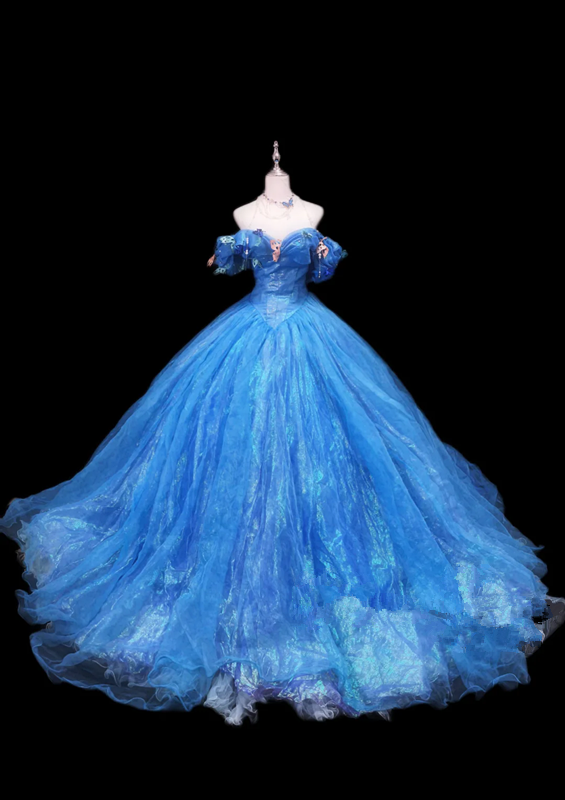 Blue off-the-shoulder fitted waist long ball gown with a full skirt R8689
