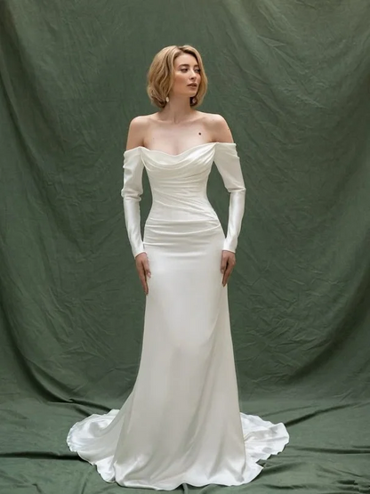 White off-the-shoulder fitted long elegant ball gown R8658