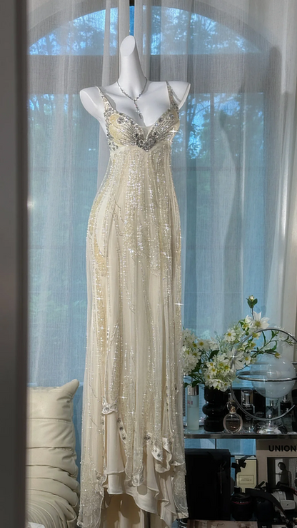 Light apricot halter-neck fitted waist elegant long ball gown R7621