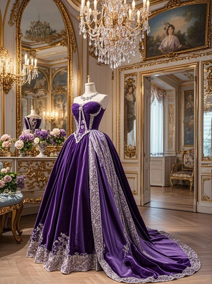 Purple strapless waist-cinching ballgown long prom dress R7932