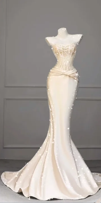 Apricot Strapless Waist-Cinched Slim-Fit Mermaid Hem Ball Gown, Bridal Gown R7144