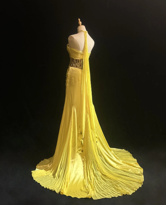 Classy Yellow Chiffon Prom Party Dress Beads Evening Gowns