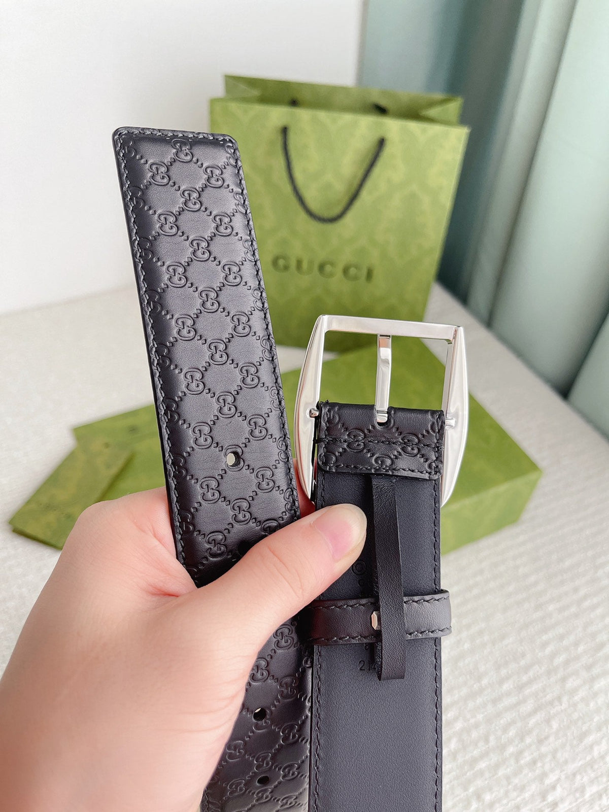 GUCCI CALFSKIN MONOGRAM BLACK BELT SILVER METAL 4CM