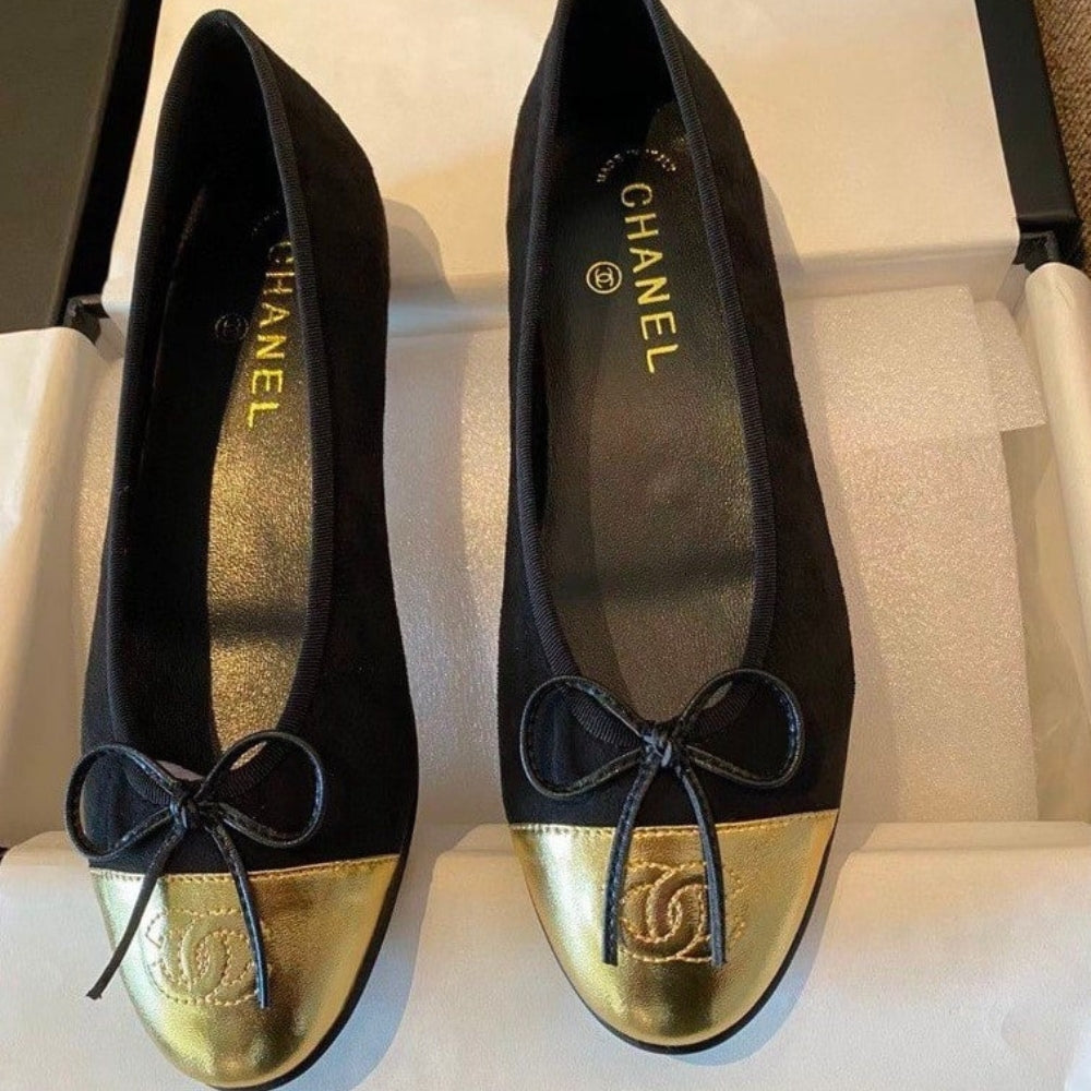Chanel Leather Cap Toe Ballet Flats Black Gold